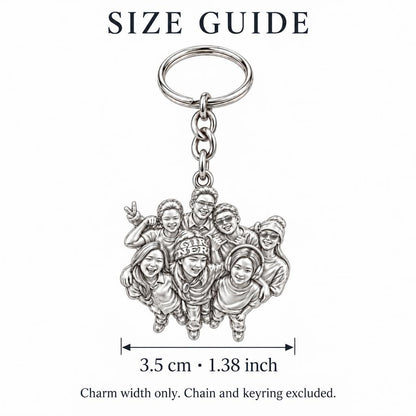Custom Sculpted Group Portrait Charm Keychain – size guide, 3.5 cm (1.38 in) charm, chain and keyring excluded