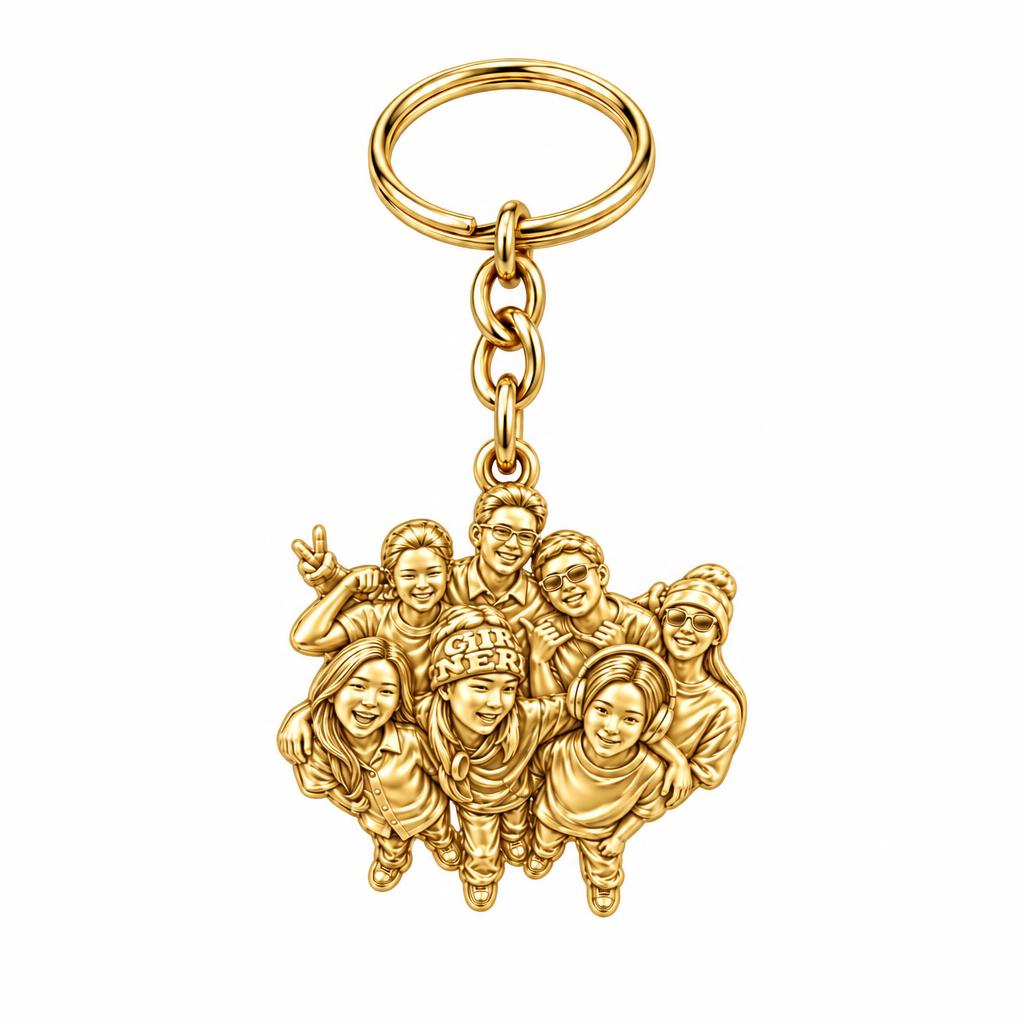 Custom Sculpted Group Portrait Charm Keychain – 18K gold, front view
