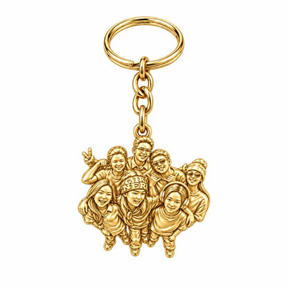 Custom Sculpted Group Portrait Charm Keychain – 18K gold, front view