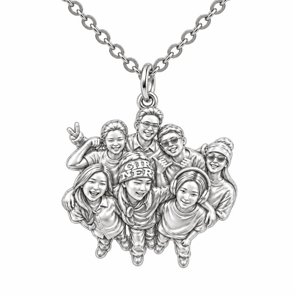 Custom Sculpted Group Portrait Charm Necklace Set – silver, front view