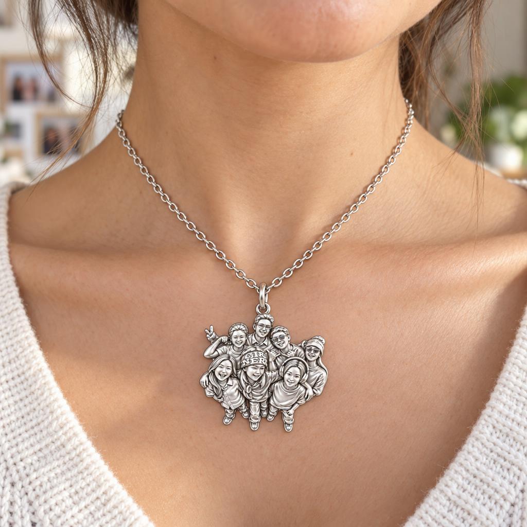 Custom Sculpted Group Portrait Charm Necklace Set – worn / in use