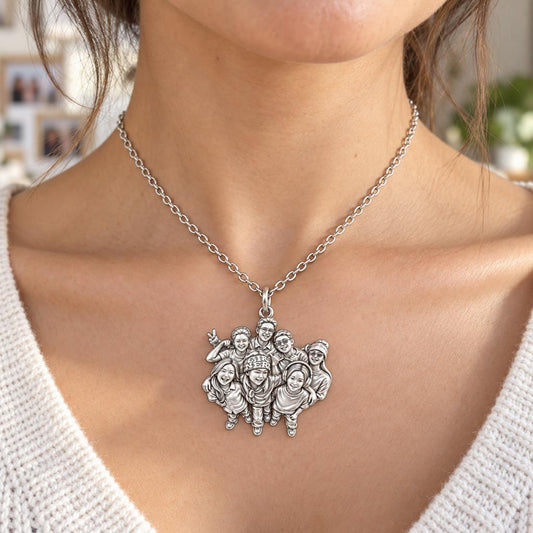 Custom Sculpted Group Portrait Charm Necklace Set – worn / in use