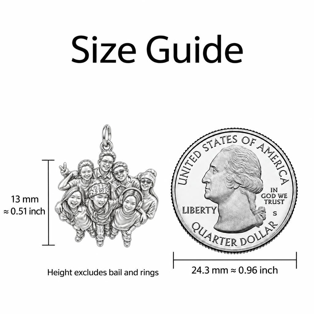 Custom Sculpted Group Portrait Charm Necklace Set – size guide, 13 mm charm next to a quarter