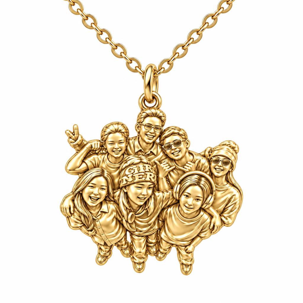 Custom Sculpted Group Portrait Charm Necklace Set – 18K gold, front view