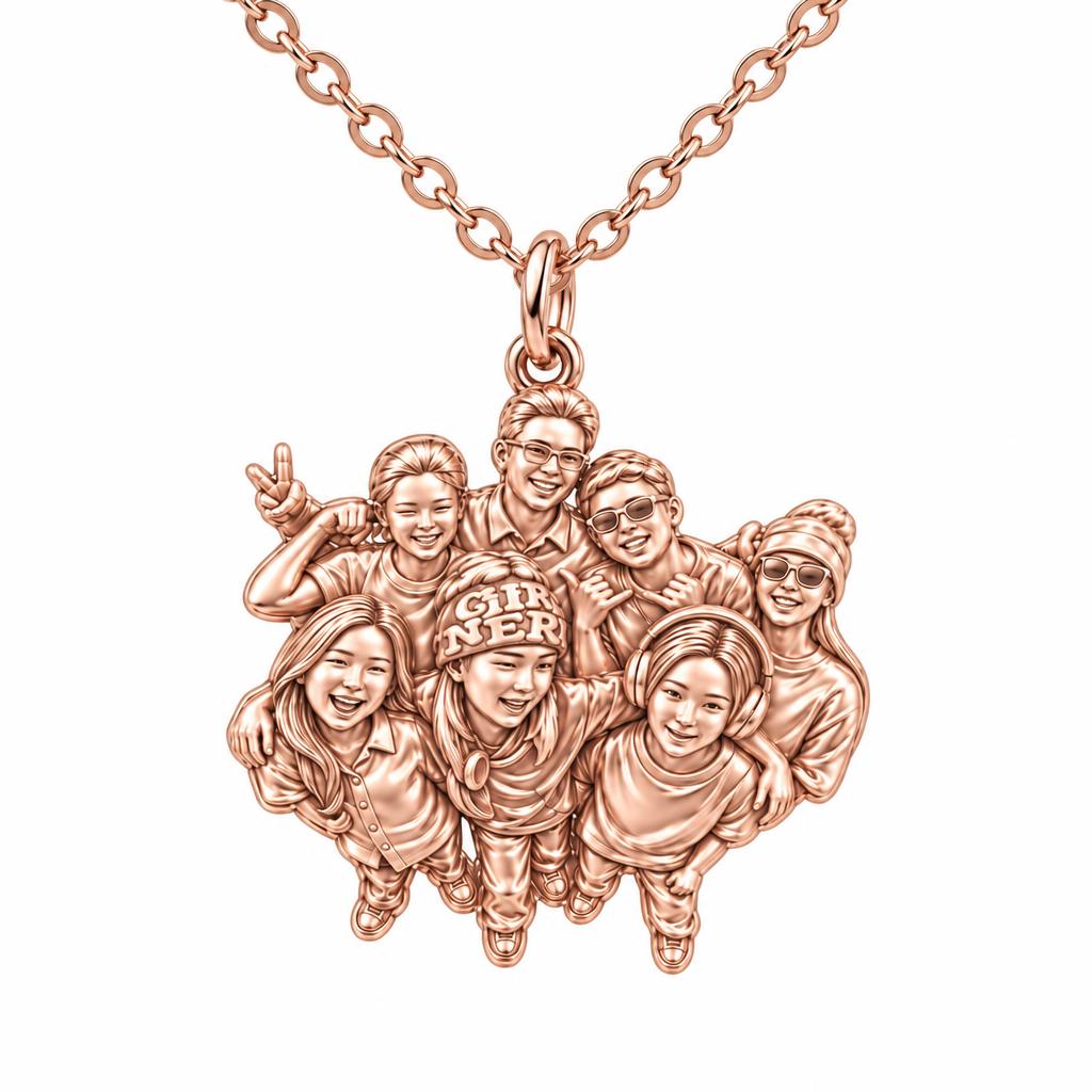 Custom Sculpted Group Portrait Charm Necklace Set – rose gold, front view