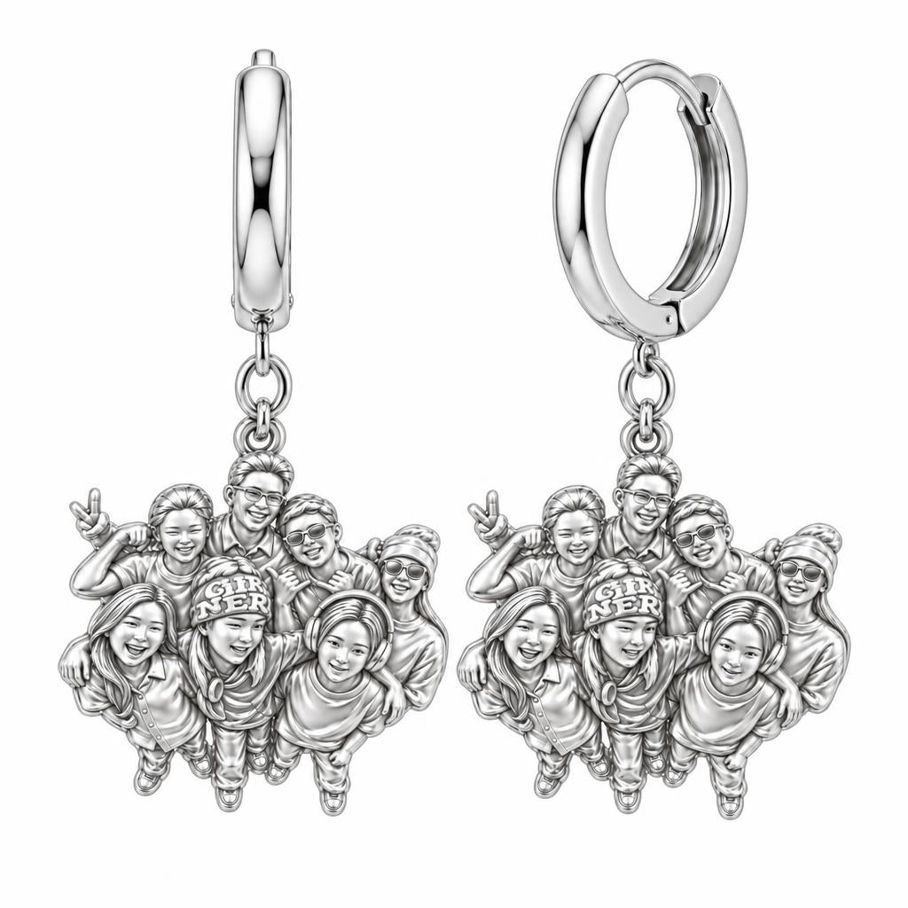 Custom Sculpted Group Portrait Huggie Charm Earrings – silver, front view