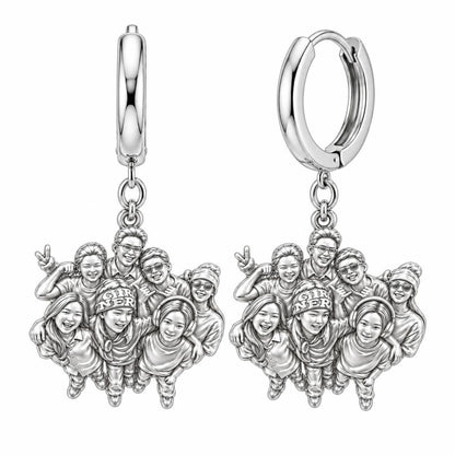 Custom Sculpted Group Portrait Huggie Charm Earrings – silver, front view