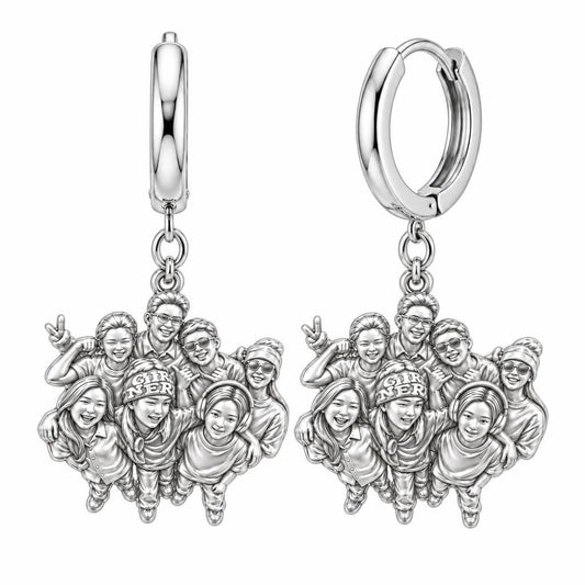 Custom Sculpted Group Portrait Huggie Charm Earrings – silver, front view