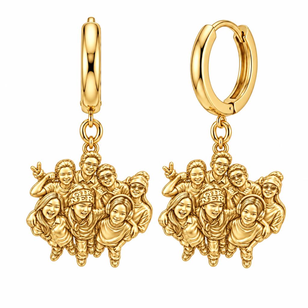 Custom Sculpted Group Portrait Huggie Charm Earrings – 18K gold, front view