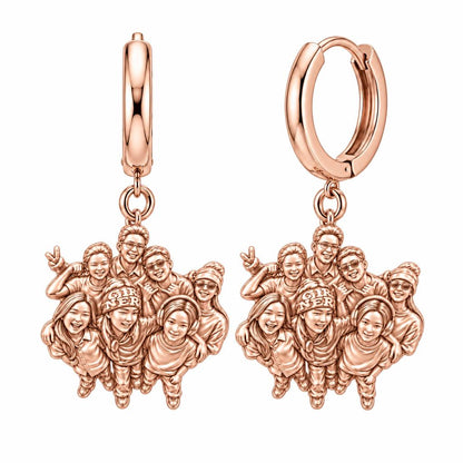 Custom Sculpted Group Portrait Huggie Charm Earrings – rose gold, front view