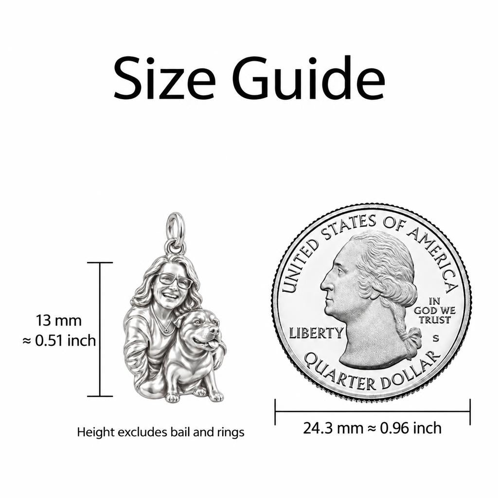 Custom Sculpted Pet Portrait Charm Bracelet Set – size guide, 13 mm charm next to a quarter