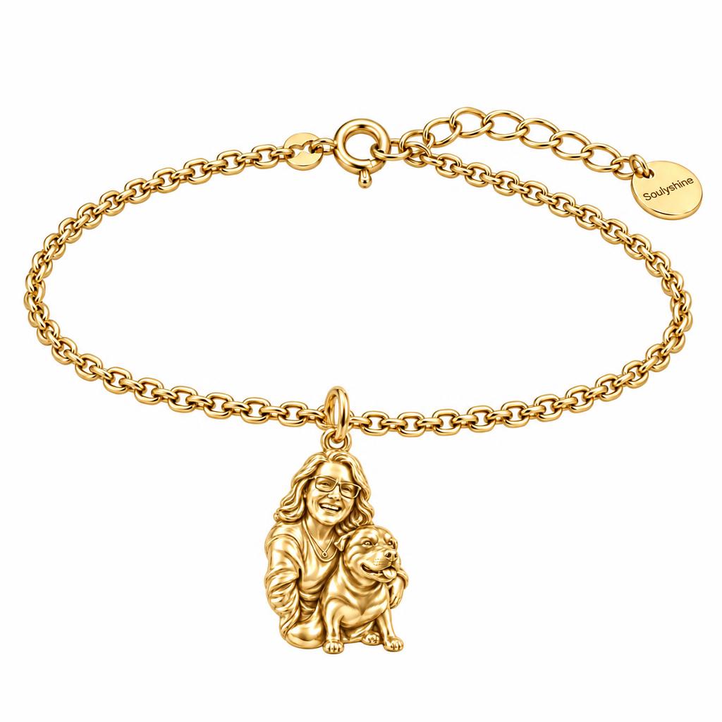 Custom Sculpted Pet Portrait Charm Bracelet Set – 18K gold, front view