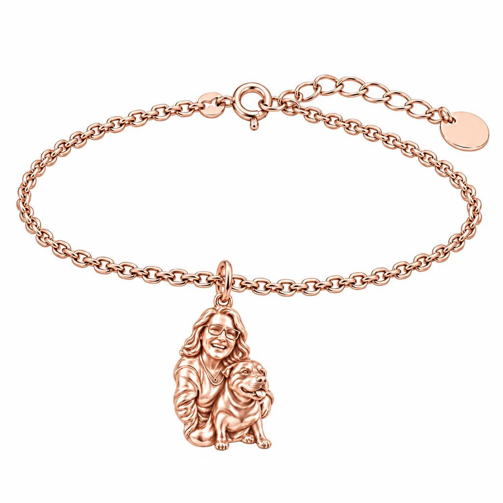 Custom Sculpted Pet Portrait Charm Bracelet Set – rose gold, front view