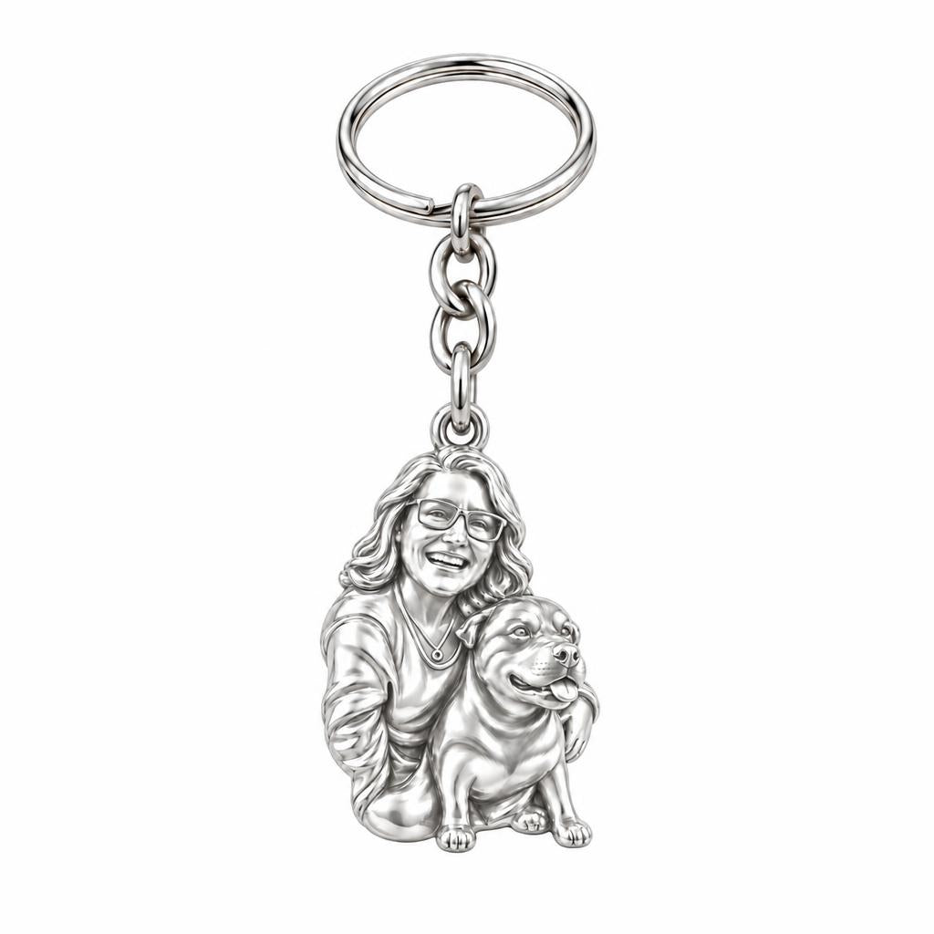 Custom Sculpted Pet Portrait Charm Keychain – silver, front view