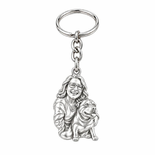 Custom Sculpted Pet Portrait Charm Keychain – silver, front view