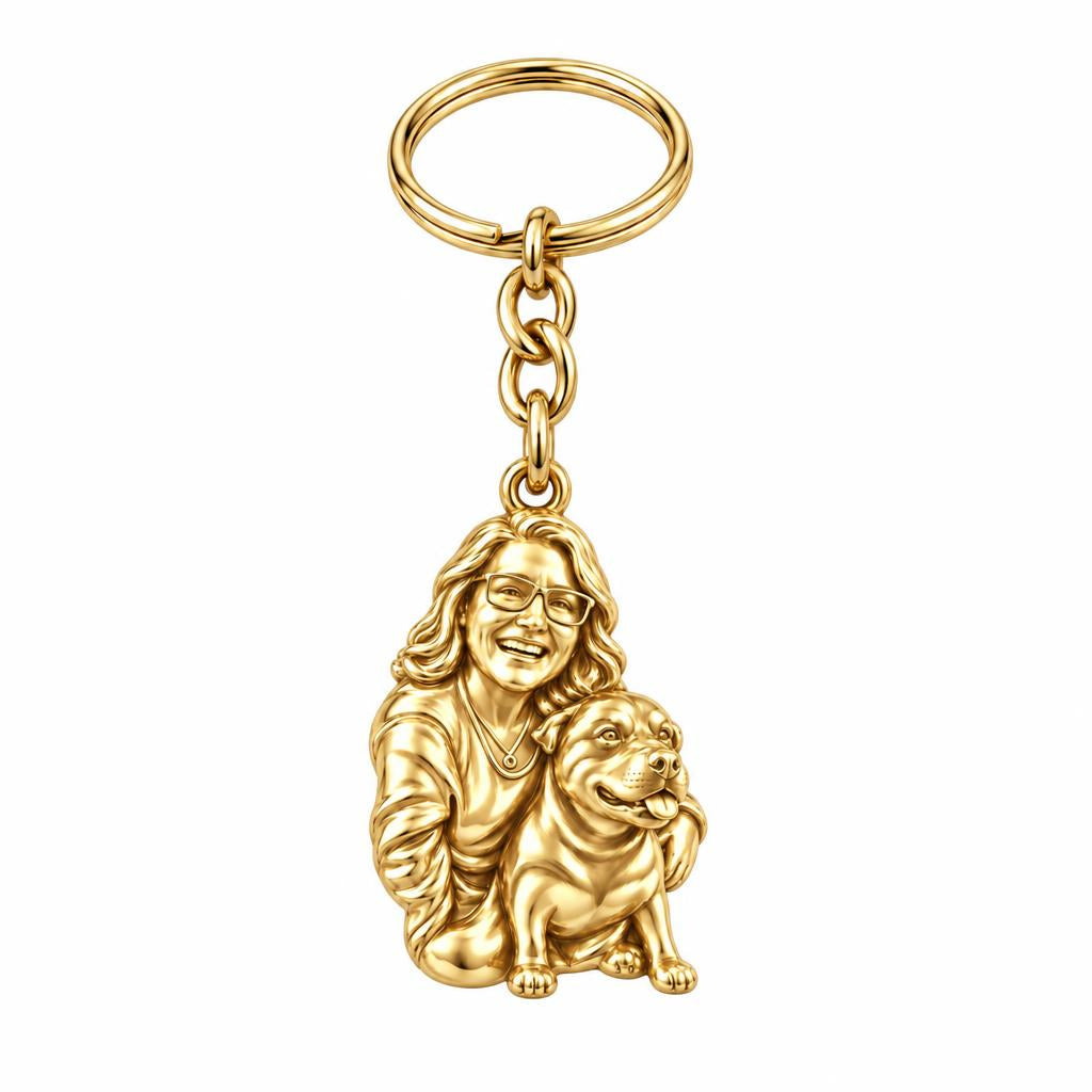 Custom Sculpted Pet Portrait Charm Keychain – 18K gold, front view