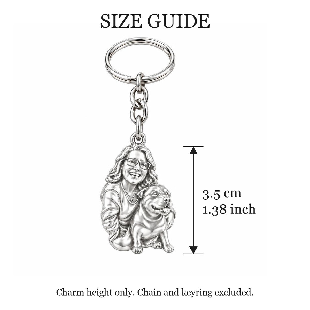 Custom Sculpted Pet Portrait Charm Keychain – size guide, 3.5 cm (1.38 in) charm, chain and keyring excluded