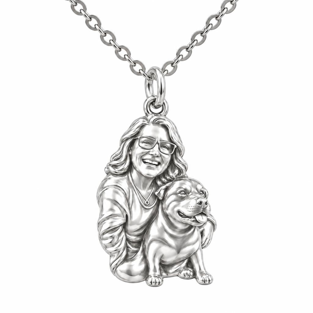 Custom Sculpted Pet Portrait Charm Necklace Set – silver, front view