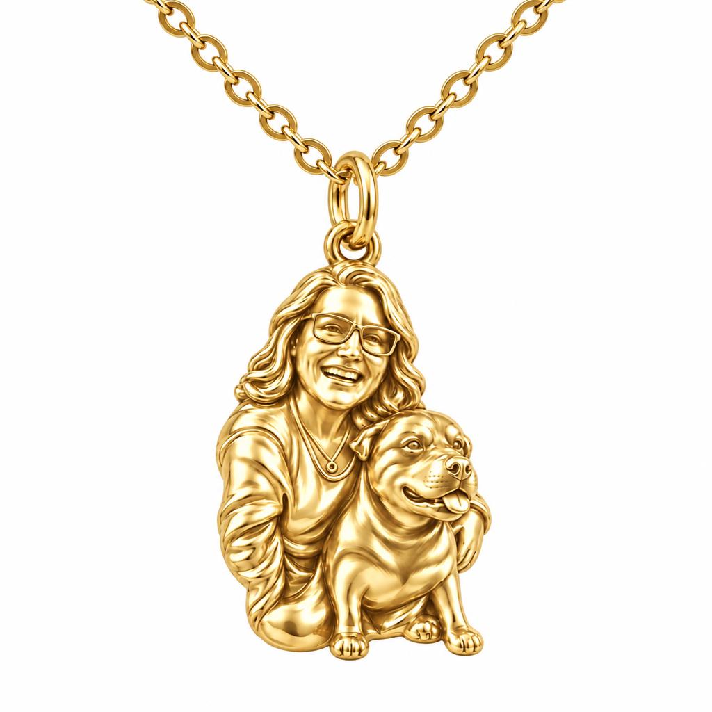 Custom Sculpted Pet Portrait Charm Necklace Set – 18K gold, front view