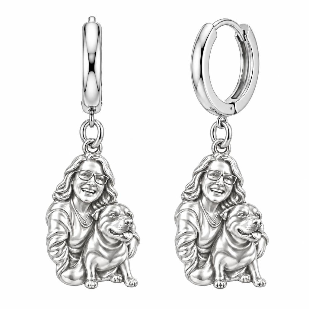 Custom Sculpted Pet Portrait Huggie Charm Earrings – silver, front view