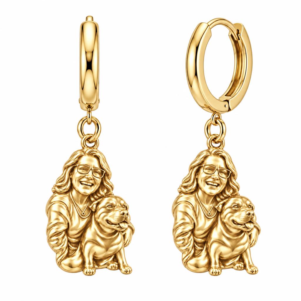 Custom Sculpted Pet Portrait Huggie Charm Earrings – 18K gold, front view