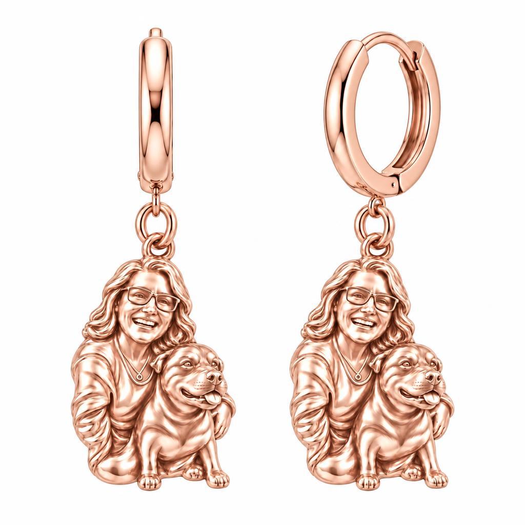 Custom Sculpted Pet Portrait Huggie Charm Earrings – rose gold, front view