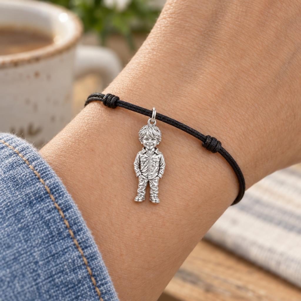 Custom Sculpted Portrait Charm Bracelet – Personalized Mom Gift – worn on the wrist on a black cord bracelet