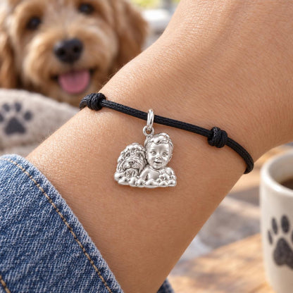 Cute Little Partners Baby & Puppy Charm Bracelet – Personalized Mom Gift – worn on the wrist on a black cord bracelet