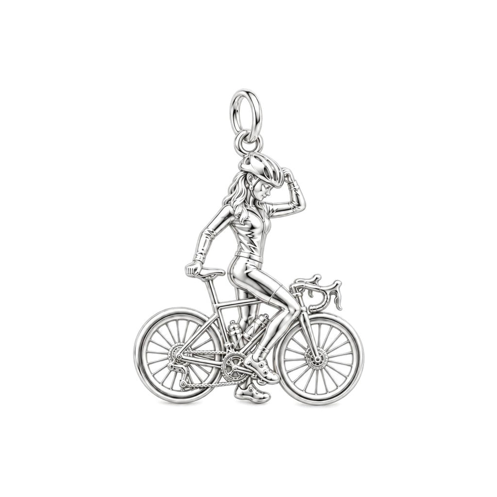 Cyclist in Motion Charm Bracelet – Personalized Athlete Gift – silver charm, front view