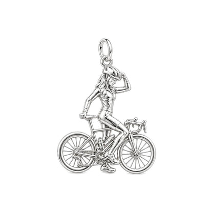 Cyclist in Motion Charm Bracelet – Personalized Athlete Gift – silver charm, front view