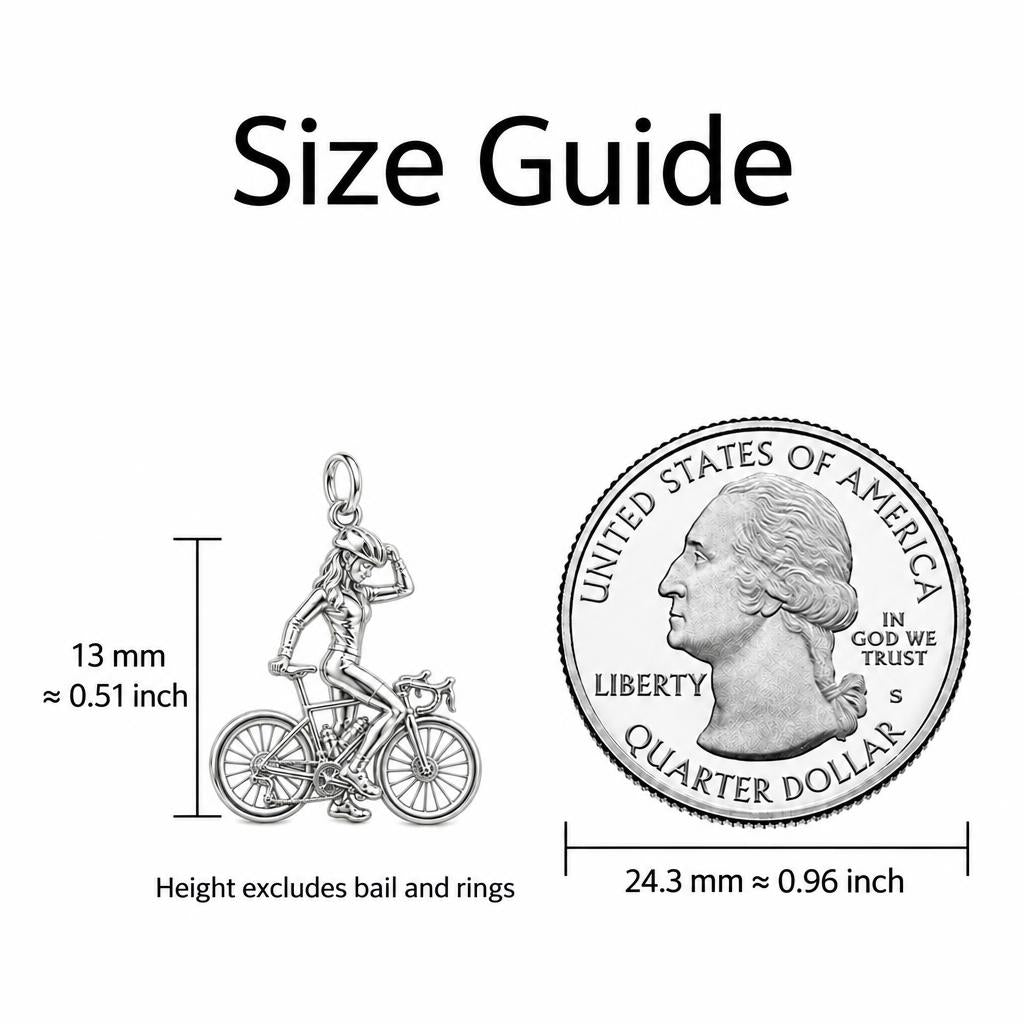 Cyclist in Motion Charm Bracelet – Personalized Athlete Gift – size guide, 13 mm charm next to a quarter