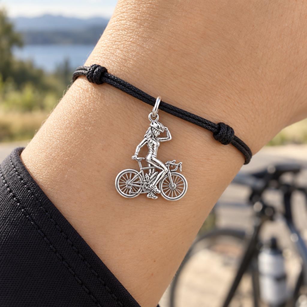 Cyclist in Motion Charm Bracelet – Personalized Athlete Gift – worn on the wrist on a black cord bracelet