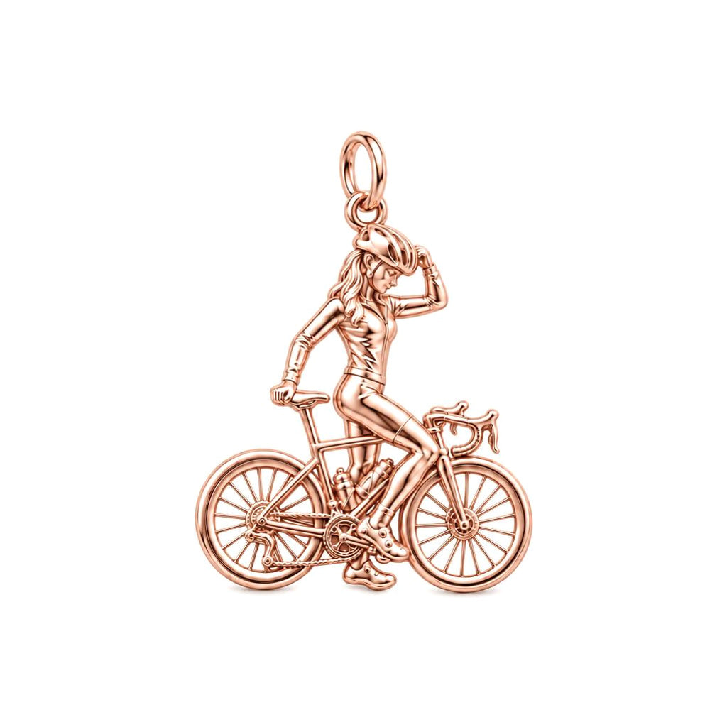 Cyclist in Motion Charm Bracelet – Personalized Athlete Gift – rose gold charm, front view