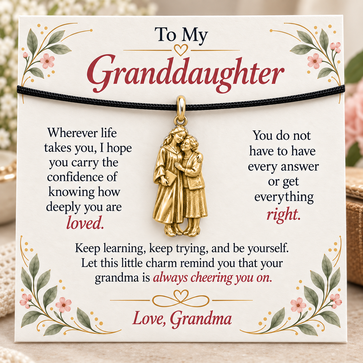 Grandma's Graduation Embrace Charm: Loved Through Every Chapter — Main image, gold finish