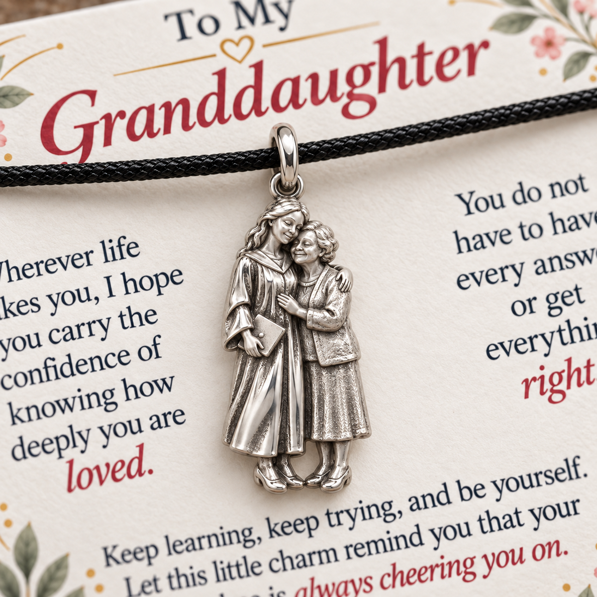 Grandma's Graduation Embrace Charm: Loved Through Every Chapter — Macro detail, silver finish