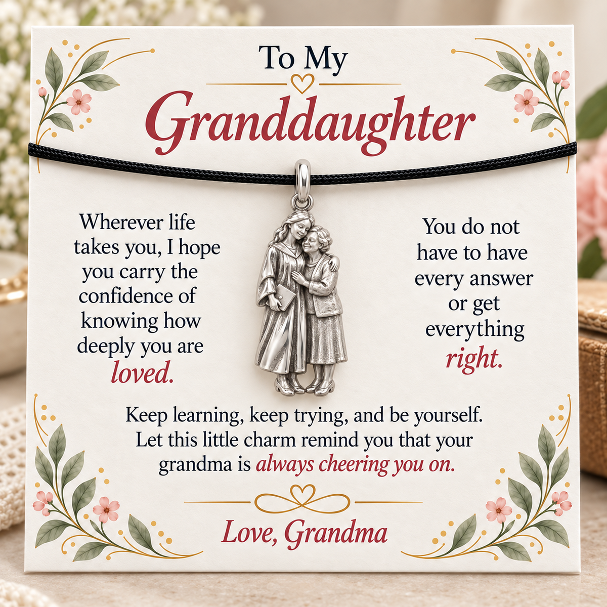 Grandma's Graduation Embrace Charm: Loved Through Every Chapter — Main image, silver finish