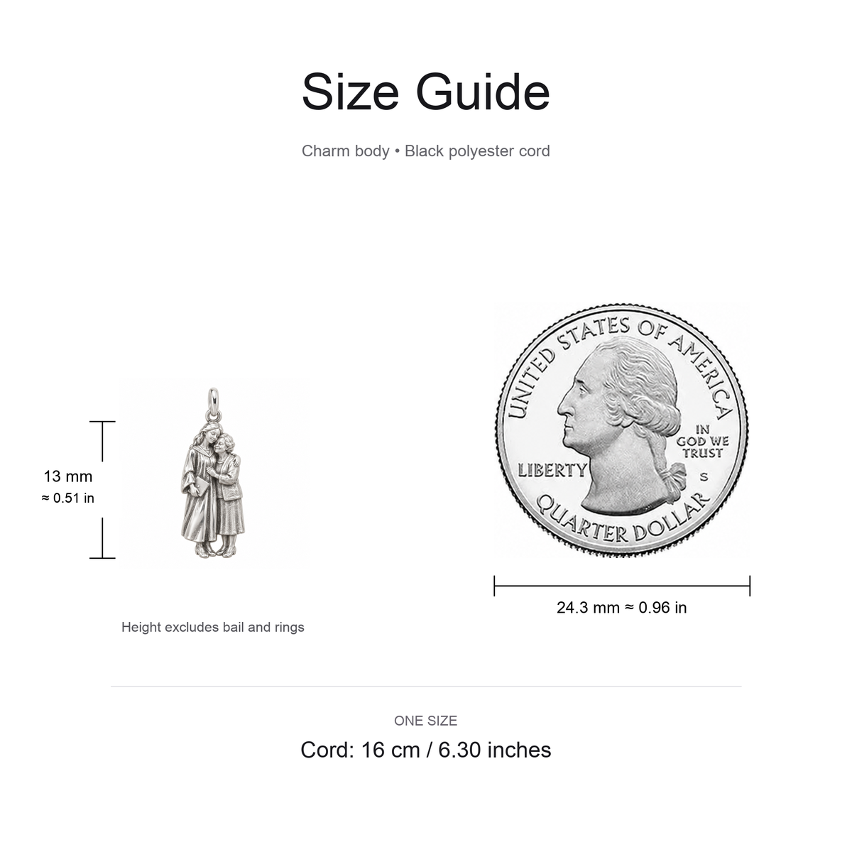Grandma's Graduation Embrace Charm: Loved Through Every Chapter — Size guide, 13 mm body and 16 cm cord
