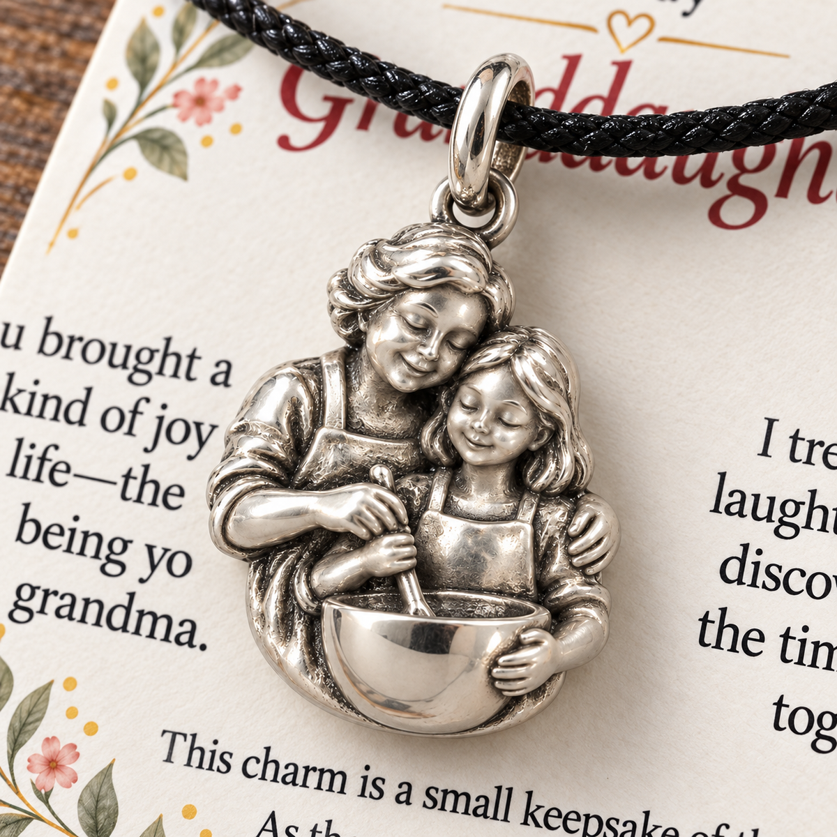 Grandma's Baking Charm: Joy in Every Memory — Macro detail, silver finish