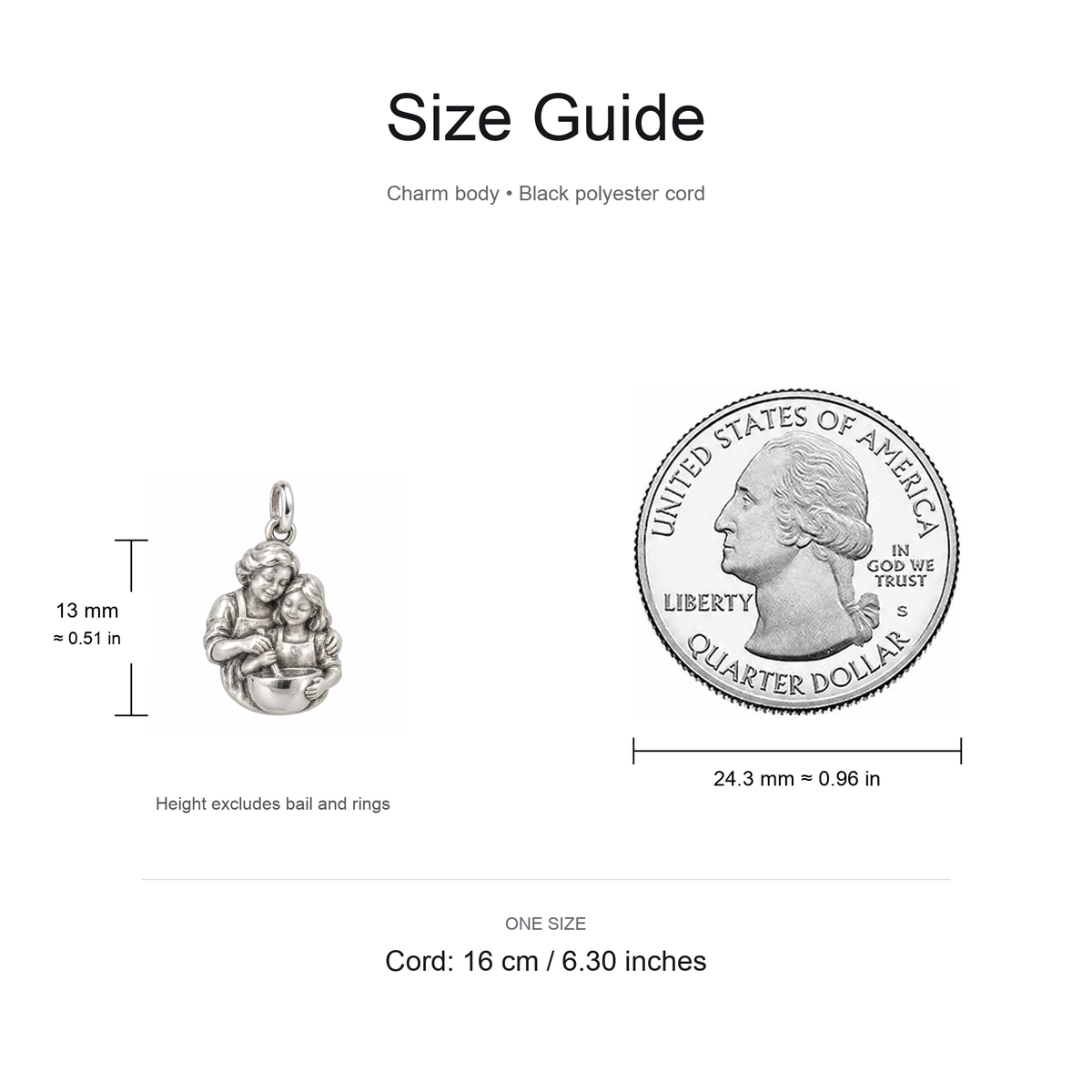 Grandma's Baking Charm: Joy in Every Memory — Size guide, 13 mm body and 16 cm cord