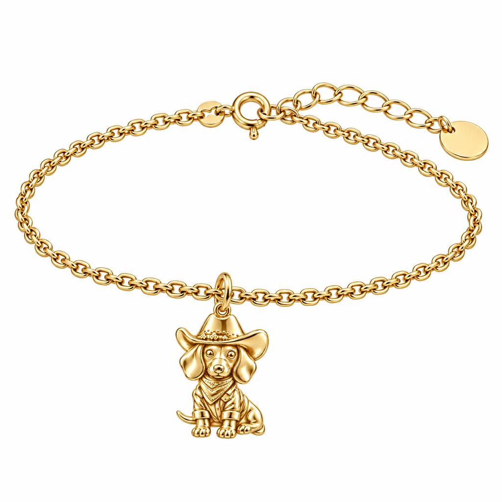 Dachshund Cowboy Charm Bracelet Set – 18K gold, front view