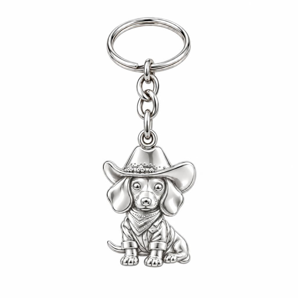Dachshund Cowboy Charm Keychain – silver, front view