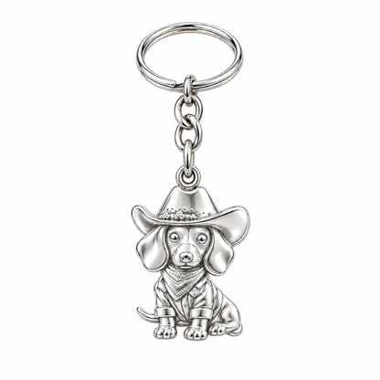 Dachshund Cowboy Charm Keychain – silver, front view