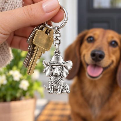 Dachshund Cowboy Charm Keychain – worn / in use