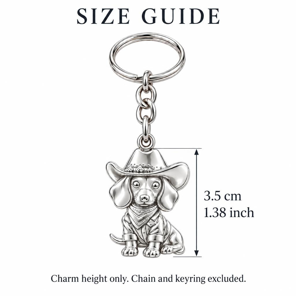Dachshund Cowboy Charm Keychain – size guide, 3.5 cm (1.38 in) charm, chain and keyring excluded