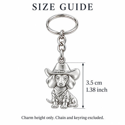 Dachshund Cowboy Charm Keychain – size guide, 3.5 cm (1.38 in) charm, chain and keyring excluded