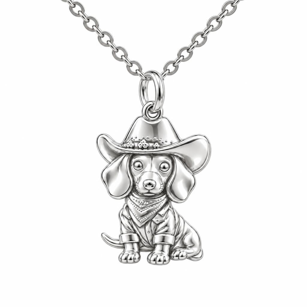 Dachshund Cowboy Charm Necklace Set – silver, front view