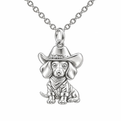 Dachshund Cowboy Charm Necklace Set – silver, front view
