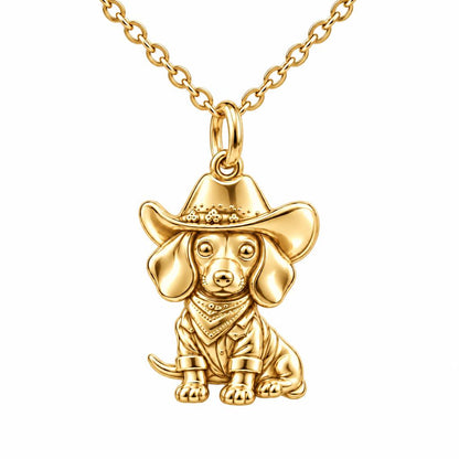 Dachshund Cowboy Charm Necklace Set – 18K gold, front view