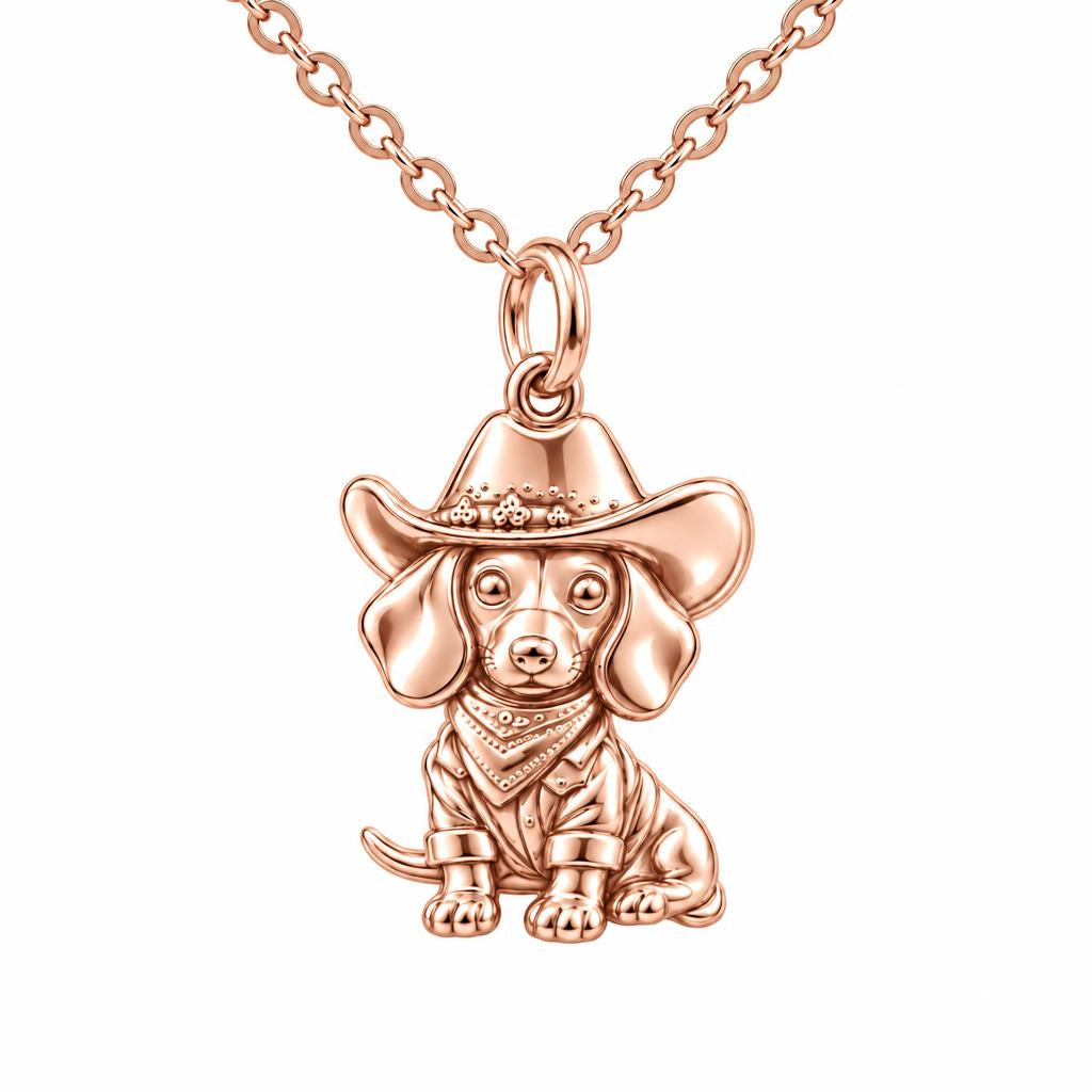 Dachshund Cowboy Charm Necklace Set – rose gold, front view