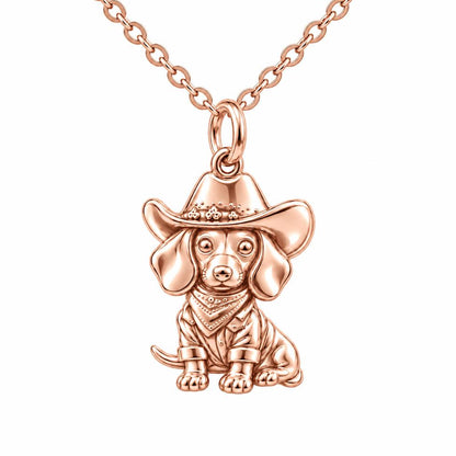 Dachshund Cowboy Charm Necklace Set – rose gold, front view